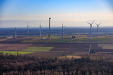 Oblique view of Repowering of the wind farm Minfeld. JUWI is replacing four old turbines (GE 1.5) from 2004 with two new, modern Vestas V162 turbines, each with a capacity of six MW. in Minfeld in the state Rhineland-Palatinate, Germany