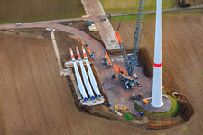 Aerial view of Repowering of the Minfeld wind farm. JUWI is replacing four older turbines (GE 1.5) from 2004 with two new, modern Vestas V162 turbines, each with a capacity of six MW. in Kandel in the state Rhineland-Palatinate, Germany