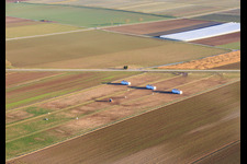 Aerial view of Mobile chicken coop for free-range eggs and the 24-hour egg vending machines at Buschhof in Offenbach an der Queich in the state Rhineland-Palatinate, Germany
