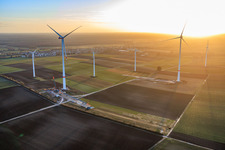 Aerial photograpy of Repowering of the Minfeld wind farm. JUWI is replacing four older turbines (GE 1.5) from 2004 with two new, modern Vestas V162 turbines, each with a capacity of six MW. in Kandel in the state Rhineland-Palatinate, Germany