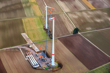 Repowering of the Minfeld wind farm. JUWI is replacing four older turbines (GE 1.5) from 2004 with two new, modern Vestas V162 turbines, each with a capacity of six MW. in Kandel in the state Rhineland-Palatinate, Germany out of the air