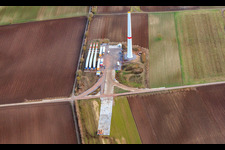Repowering of the Minfeld wind farm. JUWI is replacing four older turbines (GE 1.5) from 2004 with two new, modern Vestas V162 turbines, each with a capacity of six MW. in Kandel in the state Rhineland-Palatinate, Germany seen from above