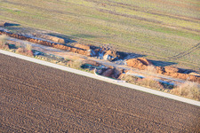 Oblique view of Vulcan Energy construction site for a lithium and geothermal energy extraction plant on the cycle path between Herxheim and Landau in Landau in der Pfalz in the state Rhineland-Palatinate, Germany