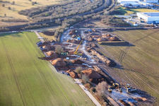 Oblique view of Vulcan Energy construction site for a lithium and geothermal energy extraction plant on the cycle path and former railway line between Herxheim and Landau in Landau in der Pfalz in the state Rhineland-Palatinate, Germany