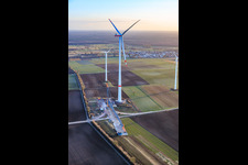 Repowering of the Minfeld wind farm. JUWI is replacing four older turbines (GE 1.5) from 2004 with two new, modern Vestas V162 turbines, each with a capacity of six MW. in Kandel in the state Rhineland-Palatinate, Germany from the plane