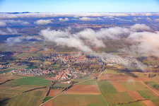 View of the town from the south under clouds in the district Mühlhofen in Billigheim-Ingenheim in the state Rhineland-Palatinate, Germany