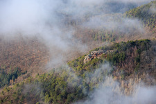 Aerial view of Orensfels with windsock in clouds in Frankweiler in the state Rhineland-Palatinate, Germany