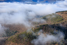 Aerial photograpy of Orensfels with windsock in clouds in Frankweiler in the state Rhineland-Palatinate, Germany