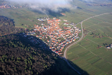 Winegrowing village under clouds from the southwest in Eschbach in the state Rhineland-Palatinate, Germany