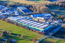 Almost completed new building of the logistics park by HANSAINVEST and DFI-Real-Estate Kandel for FRISCHEPLATTFORM SÜDWEST of Gemüsering Stuttgart GmbH in the district Minderslachen in Kandel in the state Rhineland-Palatinate, Germany out of the air