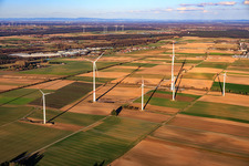 Repowering of the wind farm Minfeld. JUWI is replacing four old turbines (GE 1.5) from 2004 with two new, modern Vestas V162 turbines, each with a capacity of six MW. in Minfeld in the state Rhineland-Palatinate, Germany from above