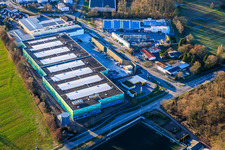 Almost completed new building of the logistics park by HANSAINVEST and DFI-Real-Estate Kandel for FRISCHEPLATTFORM SÜDWEST of Gemüsering Stuttgart GmbH in the district Minderslachen in Kandel in the state Rhineland-Palatinate, Germany seen from above