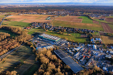 Bird's eye view of Almost completed new building of the logistics park by HANSAINVEST and DFI-Real-Estate Kandel for FRISCHEPLATTFORM SÜDWEST of Gemüsering Stuttgart GmbH in the district Minderslachen in Kandel in the state Rhineland-Palatinate, Germany