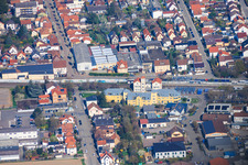 Train station and commercial building at Bahnhofsplatz in the district Böhl in Böhl-Iggelheim in the state Rhineland-Palatinate, Germany