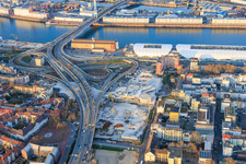 Bridge approach of the elevated highway north (B44) to the Konrad-Schuhmacher Rhine Bridge with cube bunker, which is to be demolished from August 2026 in the district Mitte in Ludwigshafen am Rhein in the state Rhineland-Palatinate, Germany