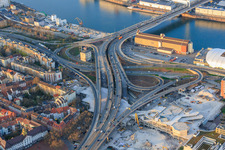 Bridge approach of the elevated highway north (B44) to the Konrad-Schuhmacher Rhine Bridge with cube bunker, which is to be demolished from August 2026 in the district Mitte in Ludwigshafen am Rhein in the state Rhineland-Palatinate, Germany
