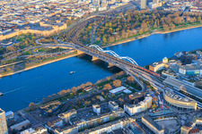 Rhine with Konrad Adenauer Bridge and Berliner Platz in the district Innenstadt in Mannheim in the state Baden-Wuerttemberg, Germany