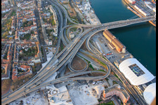 Bridge approach of the elevated highway north (B44) to the Konrad-Schuhmacher Rhine Bridge with cube bunker, which is to be demolished from August 2026 in the district Mitte in Ludwigshafen am Rhein in the state Rhineland-Palatinate, Germany