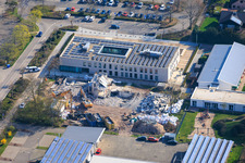 Demolition of the old town hall Offenbach an der Queich between fire station, municipal daycare center Queichhüpfer and new town hall building in Offenbach an der Queich in the state Rhineland-Palatinate, Germany