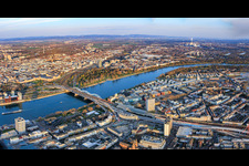 City panorama from the northwest on the Rhine riverbank from Zollhof to Parkinsel with Konrad-Adenauer-Brücke and Berliner Platz in the district Mitte in Ludwigshafen am Rhein in the state Rhineland-Palatinate, Germany