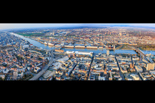 City panorama on the Rhine from the west, from BASF to the Konrad Adenauer Bridge in the district Mitte in Ludwigshafen am Rhein in the state Rhineland-Palatinate, Germany