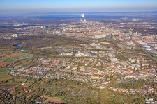 City view from the east to the Rhine port power plant in the district Durlach in Karlsruhe in the state Baden-Wuerttemberg, Germany
