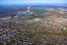 City panorama from the east to the Rhine in the district Nordweststadt in Karlsruhe in the state Baden-Wuerttemberg, Germany