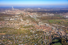 City view from the east to the Rhine port power plant in the district Durlach in Karlsruhe in the state Baden-Wuerttemberg, Germany