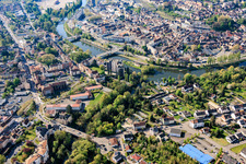 City overview from the north showing bridges over the Saar in the district Blies Sud in Saargemünd in the state Moselle, France
