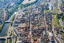 City center overview west of the Saar from the north in Saargemünd in the state Moselle, France