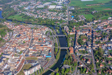 City overview on the banks of the Saar River from the south in Saargemünd in the state Moselle, France