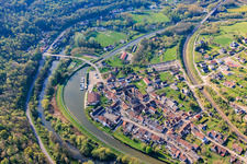 Village view on the other side of the Saar with Spoorboothafen / Port de Plaisance de Wittring on the Saar Canal / Canal des houillères de la Sarre in Wittring in the state Moselle, France