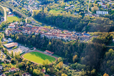 Stade Omnisport sports fields and Espace De Wendel festival hall below the historic old town on the ridge in Hombourg-Haut in the state Moselle, France