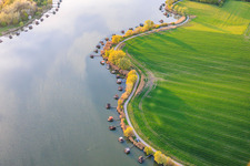 Boardwalks with fishing huts line the shore of Lake Etang du Welschhof. in Puttelange-aux-Lacs in the state Moselle, France