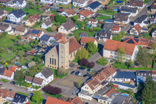 Market square with St. Joseph's parish church in the district Sitterswald in Kleinblittersdorf in the state Saarland, Germany