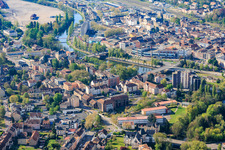 Course of the Saar River through the city with two bridges and IUT de Moselle-Est, Université de Lorraine in the district Auersmacher in Kleinblittersdorf in the state Saarland, Germany