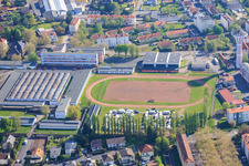 Lycée Henri Nominé with football field in the district La Cité in Saargemünd in the state Moselle, France
