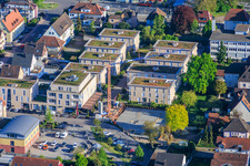 Construction site with completed basement for the expansion of the residential complex in the city center in Kandel in the state Rhineland-Palatinate, Germany