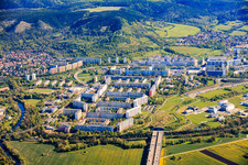 Tunnel of the A4 under the prefabricated housing estate from the southwest and EVER Pharma Jena GmbH in the district Neulobeda in Jena in the state Thuringia, Germany