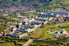 Tunnel of the A4 under the prefabricated housing estate from the southwest and EVER Pharma Jena GmbH in the district Neulobeda in Jena in the state Thuringia, Germany