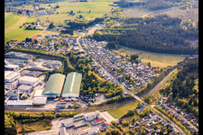View of the town from the east, showing Wiegand-Glashüttenwerke GmbH and Bayerische Flaschen-Glashüttenwerke Vertriebs-GmbH. in Steinbach am Wald in the state Bavaria, Germany