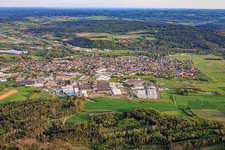 View of the town from the north, showing the northern industrial park and SMIA Technology Germany GmbH, Metob Beschichtungen GmbH and Koinor Polstermöbel GmbH & Co. KG. in Michelau in Oberfranken in the state Bavaria, Germany