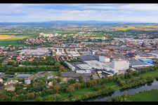 City view across the Main River from the southeast, showing ZF Friedrichshafen AG - North Plant in the district Oberndorf in Schweinfurt in the state Bavaria, Germany