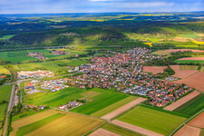 View of the town from the east, this side of the A7 motorway, with the Saale Valley Bridge. in Elfershausen in the state Bavaria, Germany