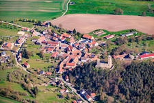 Village view from the south with castle ruins Ehrenstein in the district Ehrenstein in Stadtilm in the state Thuringia, Germany