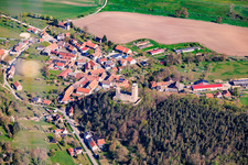 Village view from the south with castle ruins Ehrenstein in the district Ehrenstein in Stadtilm in the state Thuringia, Germany