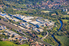 Göschwitzer Straße industrial park between railway tracks and Saale riverbank with JENOPTIK Robot GmbH, JENOPTIK Automatisierungstechnik, Analytik Jena GmbH+Co. KG in the district Burgau in Jena in the state Thuringia, Germany