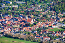 City view from the north with church square and the city church of St. John the Baptist as well as Goethe Stadium in Neustadt an der Orla in the state Thuringia, Germany