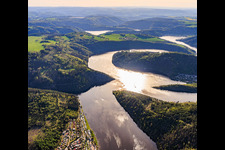 Lake landscape of the Hohenwarte reservoir from the east with Jägerspitze in the district Reitzengeschwenda in Drognitz in the state Thuringia, Germany