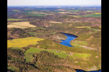 Lake landscape of the Hohenwarte reservoir from the west with Linkenmühle campsite in Altenbeuthen in the state Thuringia, Germany